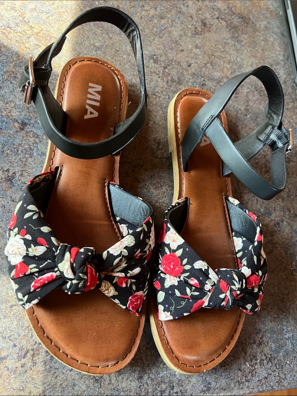 MIA Black Floral Knot Sandals with Red and Cream Accents